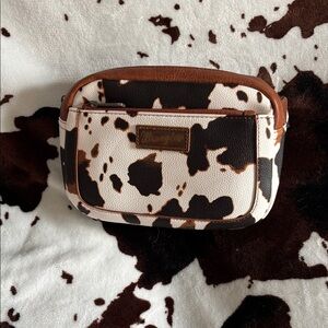 Wrangler Brown and White Cowhide-Print Crossbody Pouch with Patterned Strap